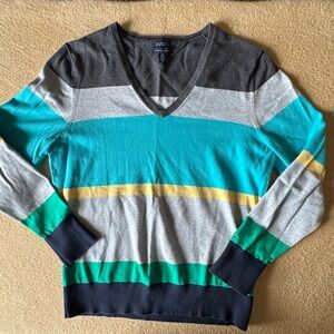 Tommy Hilfiger Men's Teal, Gray & Navy V-Neck Sweater with Yellow Accent